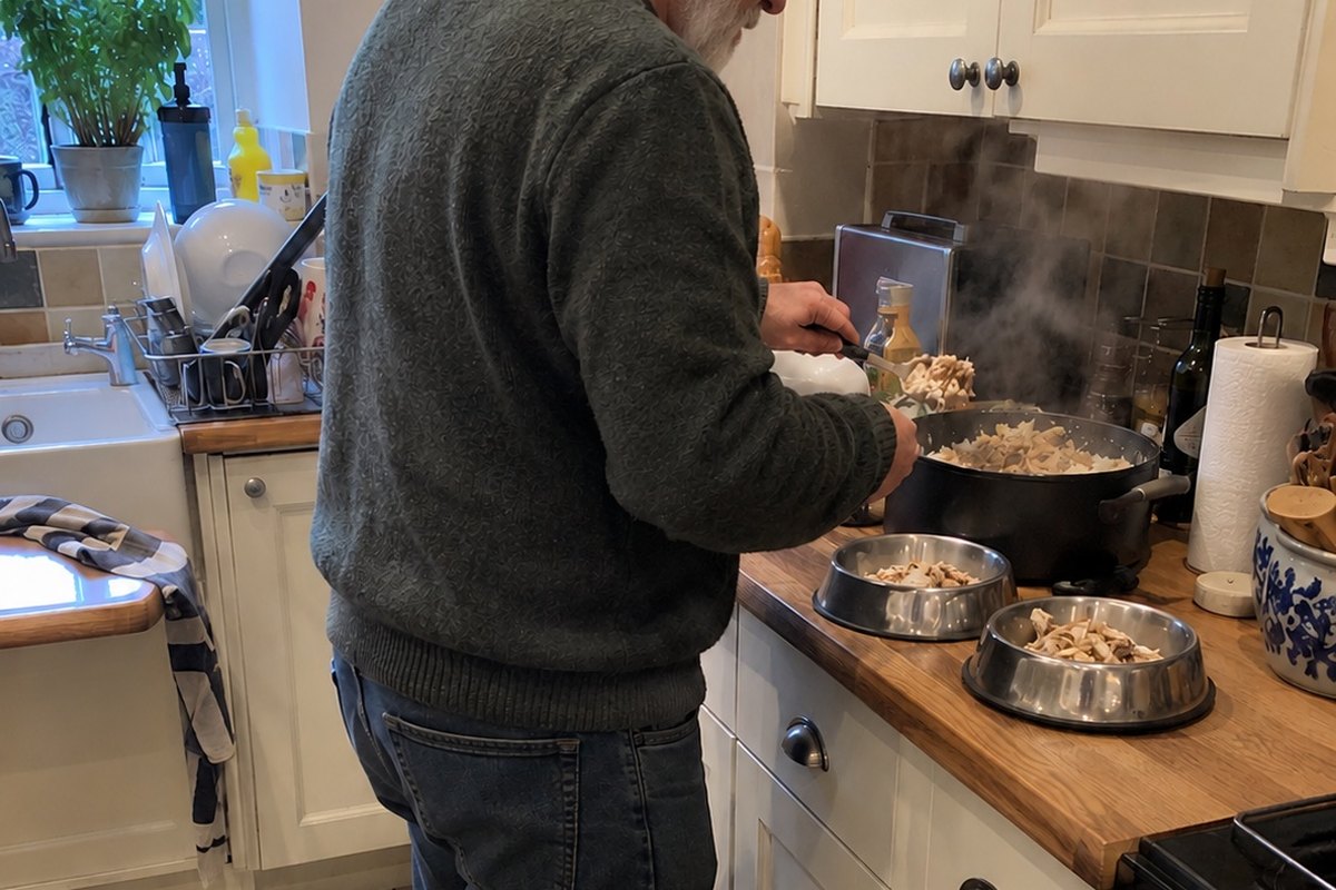 Leo spooning a one-pot meal into bowls while his two Frenchies wait