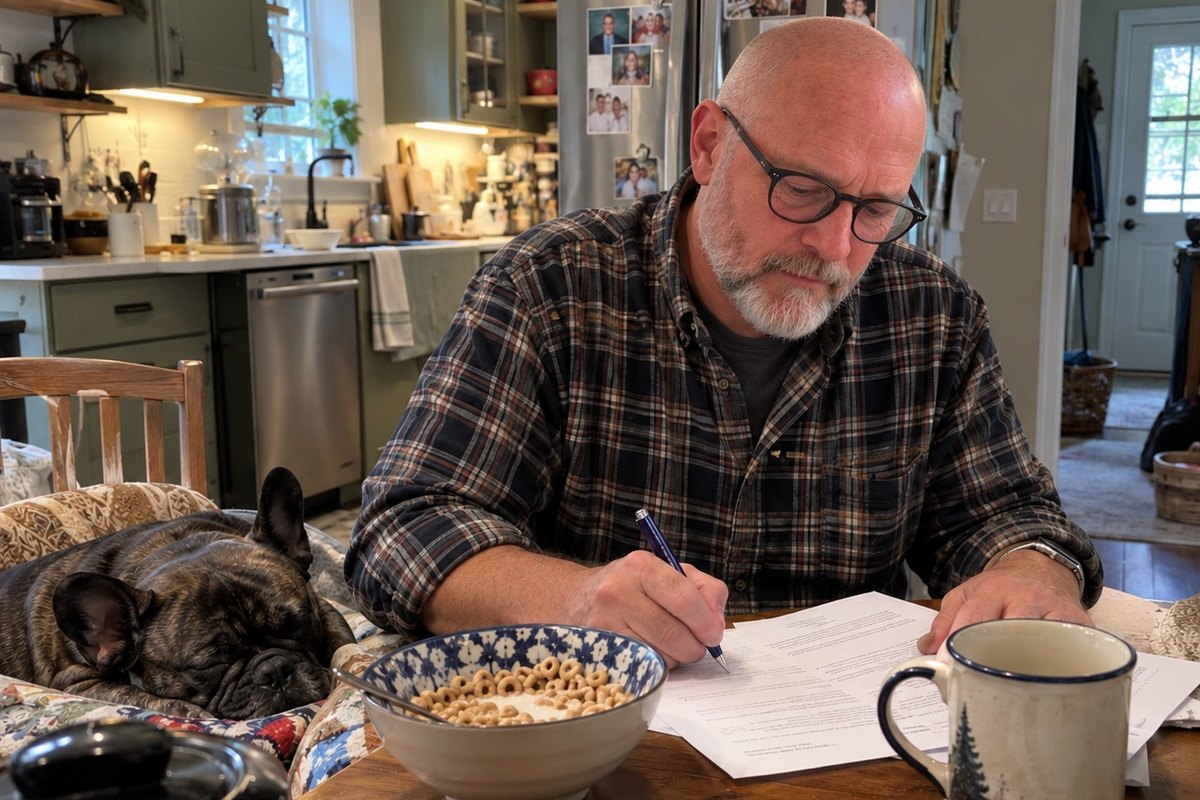 Leo checking the 14-day plan at the kitchen table while his Frenchie sleeps beside him