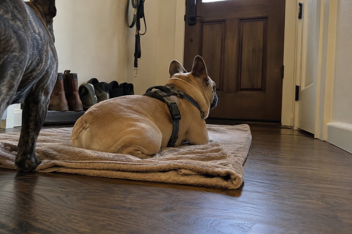 A Frenchie lying calmly on his mat by the front door