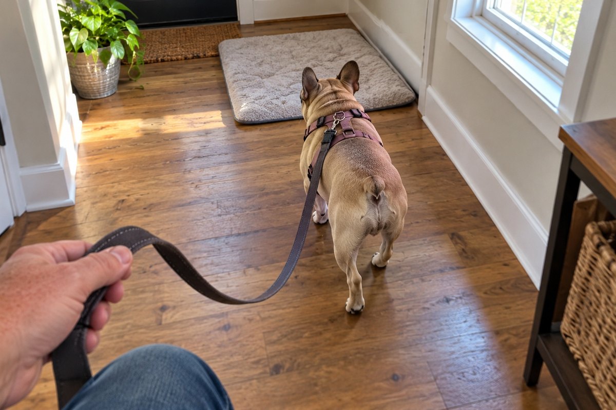 Leo with his French Bulldog walking calmly to the mat