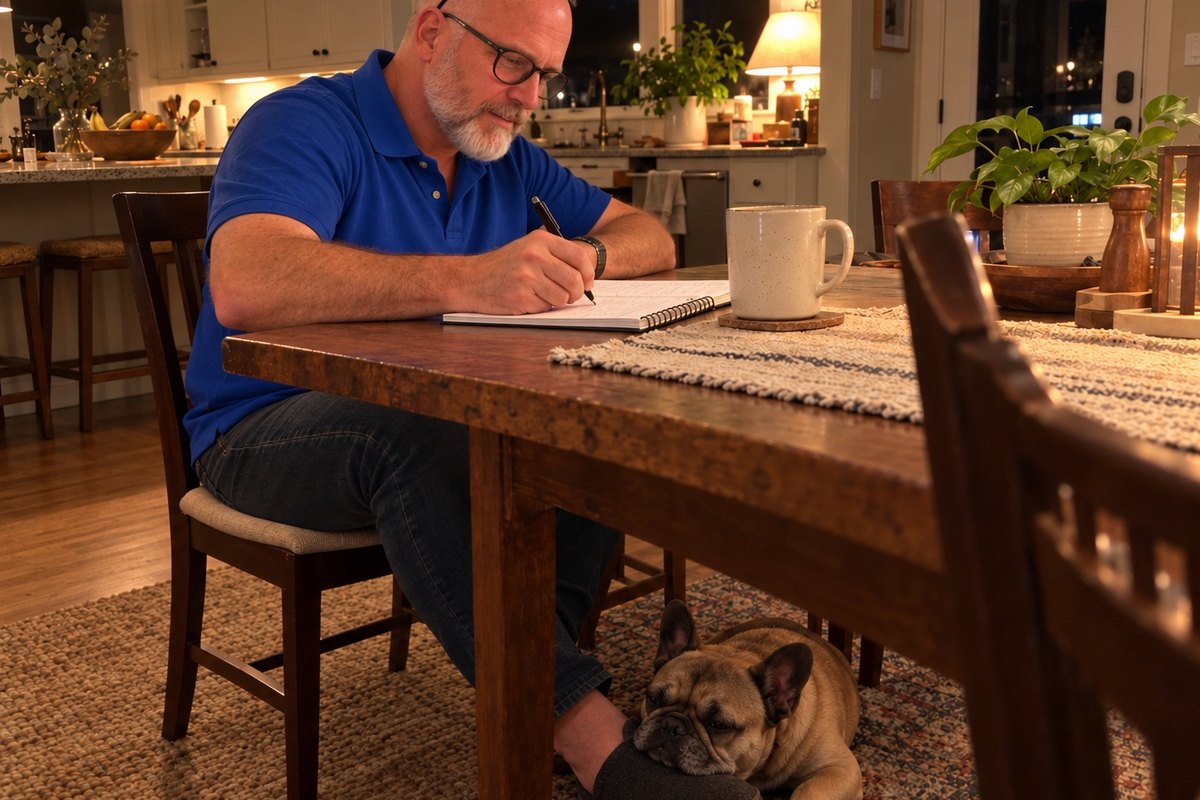 Leo writing down every dollar at the kitchen table with his Frenchies